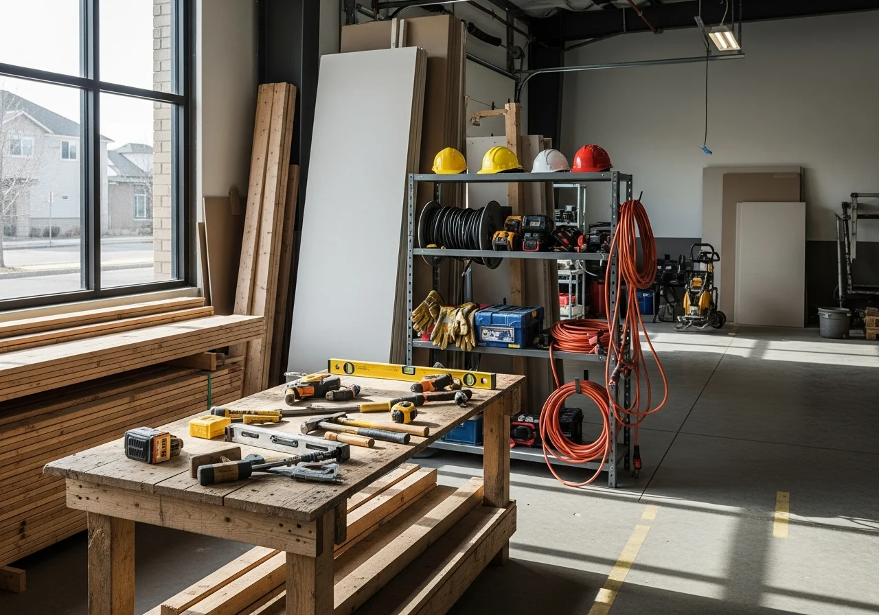 Construction crew and tools on a residential job site, ready for the next phase of work.