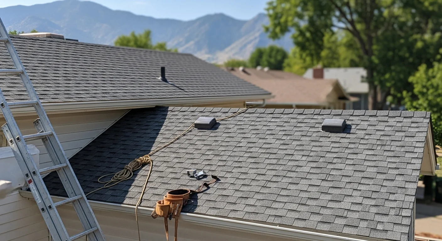 Roofer installing new roof on residential home in Colorado