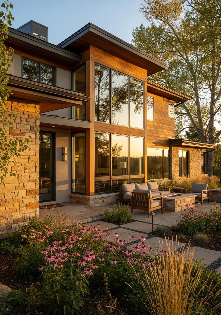 Close-up of a Boulder home featuring energy-efficient design elements, large windows, and integrated outdoor living space.