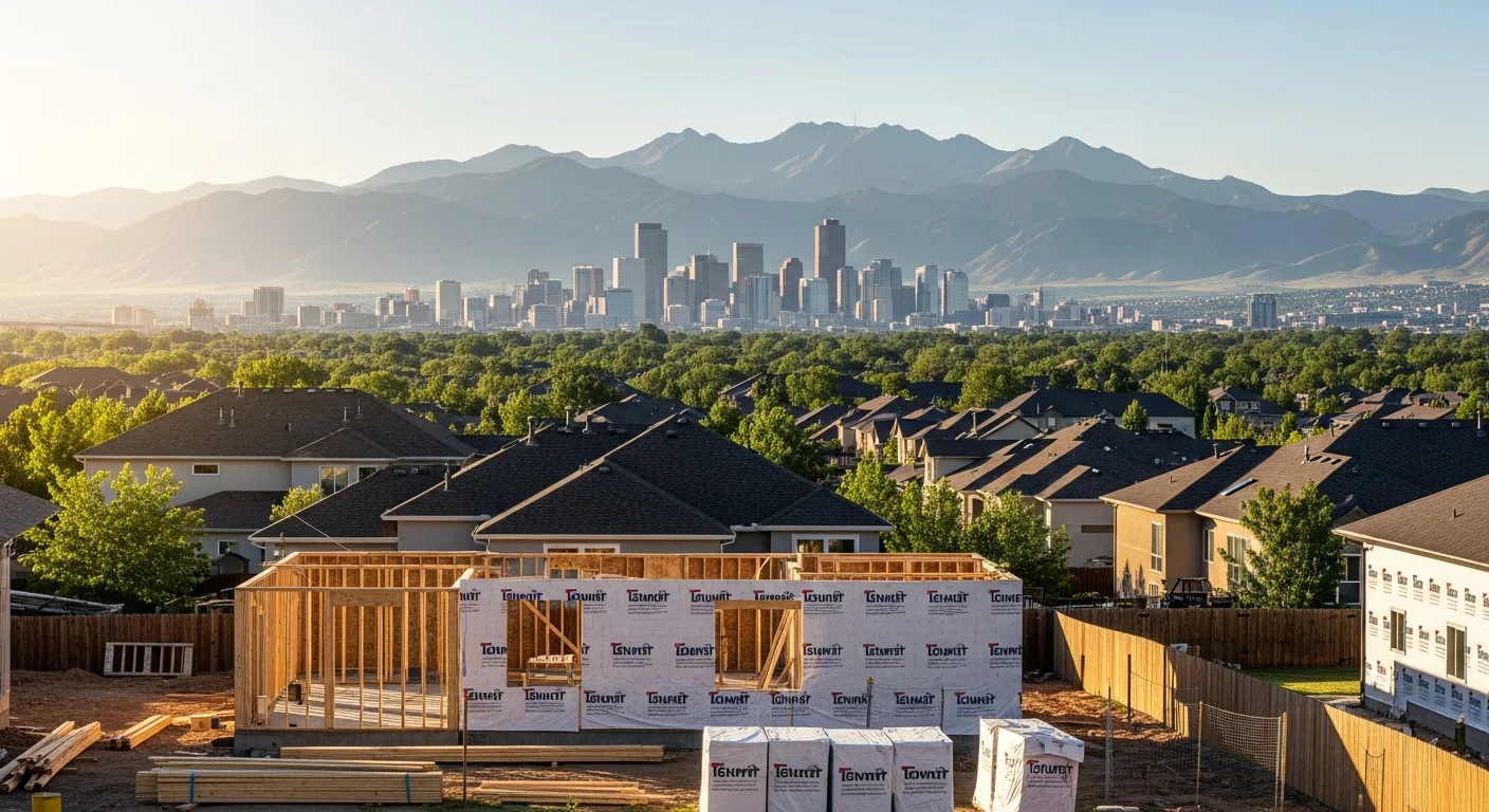 Colorado landscape showing Front Range mountains with Denver skyline in the distance and residential neighborhoods in the foreground.