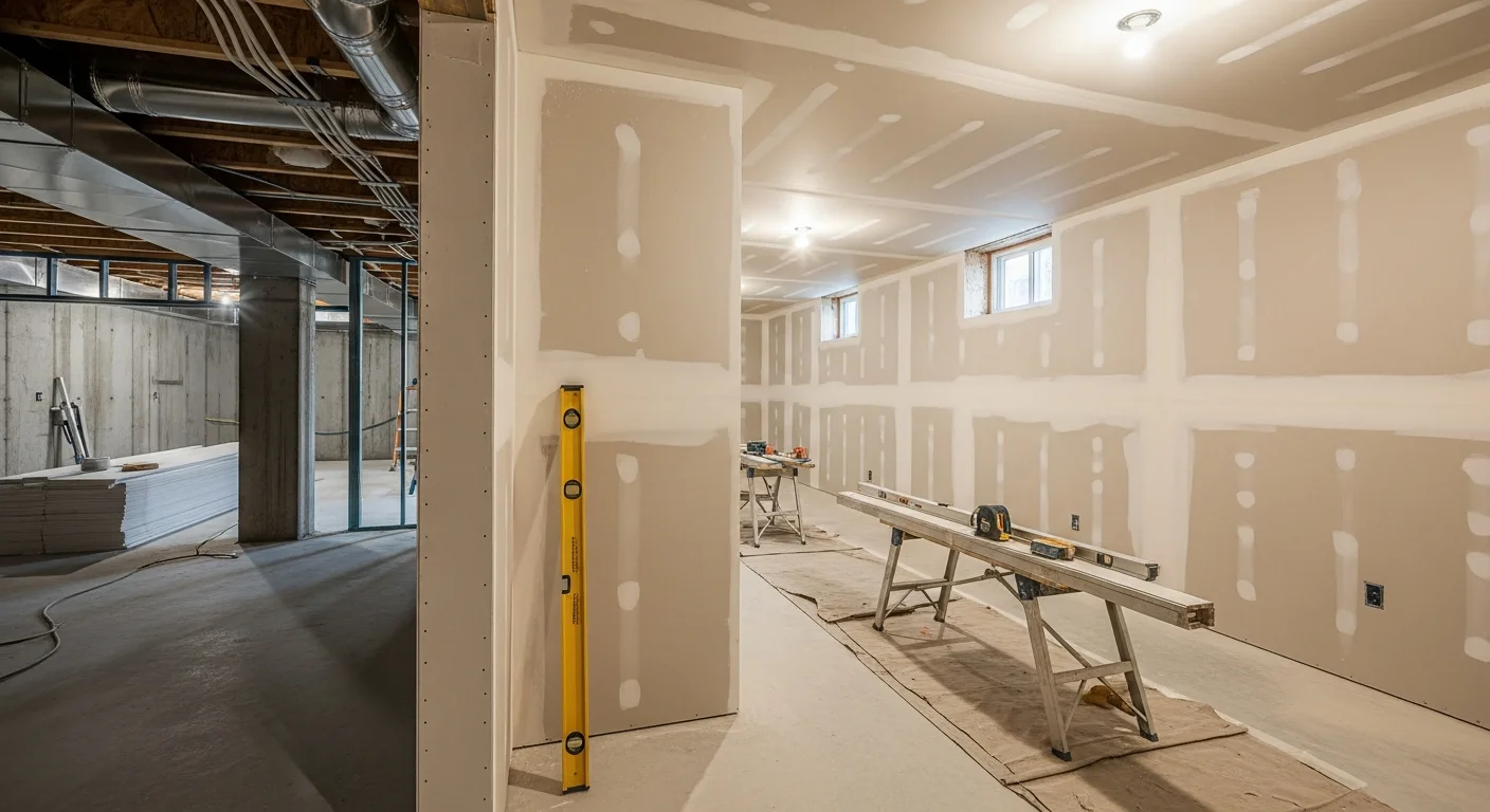 A finished basement in a Colorado home showing a bright family room with recessed lighting, framed walls, and durable flooring. The space reflects a complete general contractor build designed for year-round comfort in Colorado's climate.