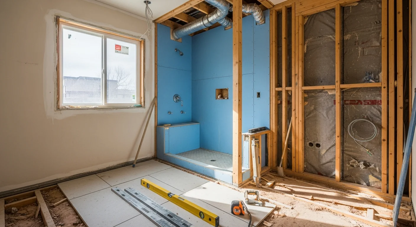 A freshly remodeled bathroom in a Colorado home showing a walk-in tile shower, updated vanity, and new flooring. The space reflects clean, functional design suited to Colorado residential construction.