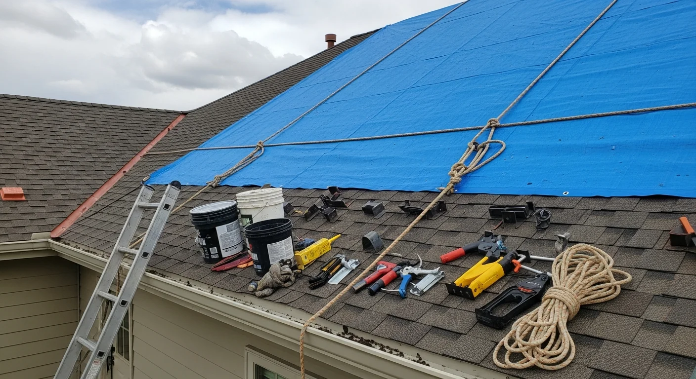 A Colorado home with visible storm damage to the roof, including displaced shingles and an emergency tarp secured over the affected area. A roofing contractor from God's Work Shop inspects the damage from a ladder against the side of the house.