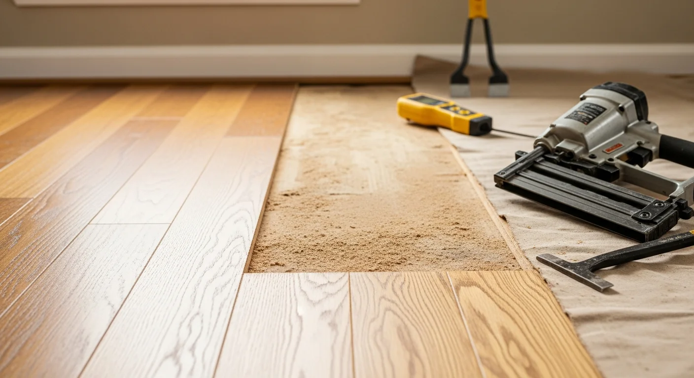 A Colorado home interior showing a flooring contractor repairing warped and scratched hardwood boards. Close-up view of repaired planks blending seamlessly with the surrounding floor surface.