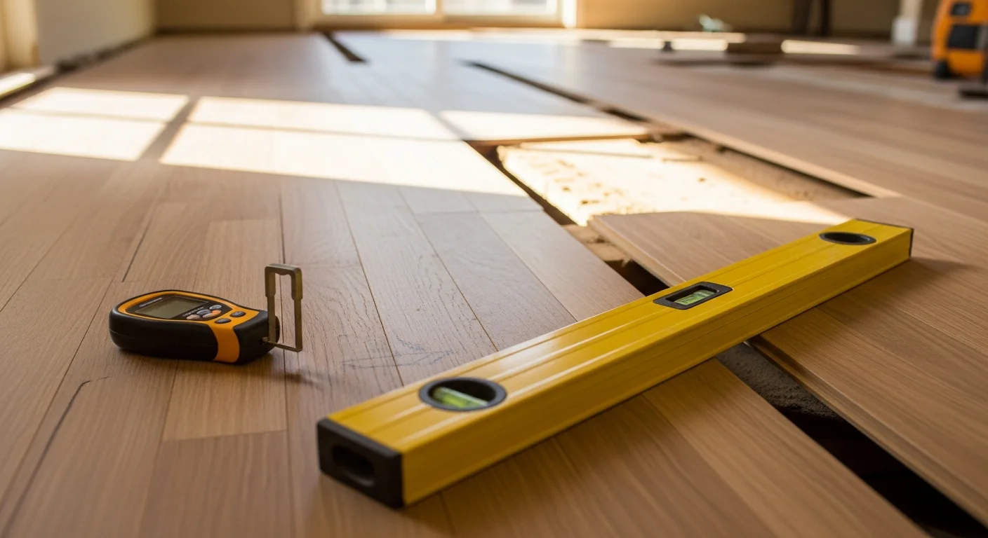 A freshly installed floor in a Colorado home with clean seams, even transitions between rooms, and no visible gaps or warping. The room shows a completed flooring replacement by God's Work Shop with natural light coming through the windows.