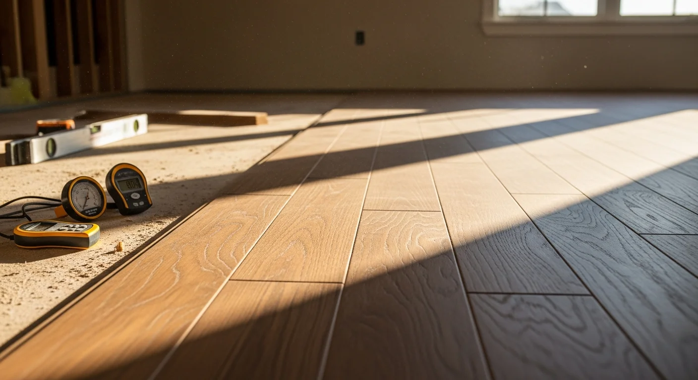 Freshly installed hardwood flooring in a Colorado home, showing tight plank seams and a clean finish across a sunlit living room floor. The installation reflects proper board layout and expansion control suited to Colorado's dry, high-altitude climate.