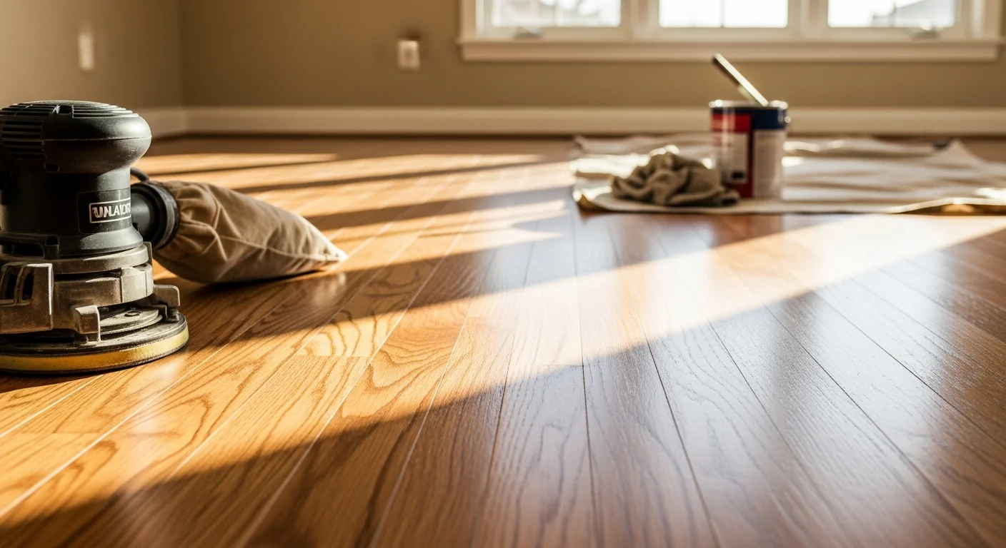 A freshly refinished oak hardwood floor in a Colorado home, showing an even, smooth surface with restored wood grain and no visible scratches or worn patches. Natural light from a large window highlights the clean finish across the full room.