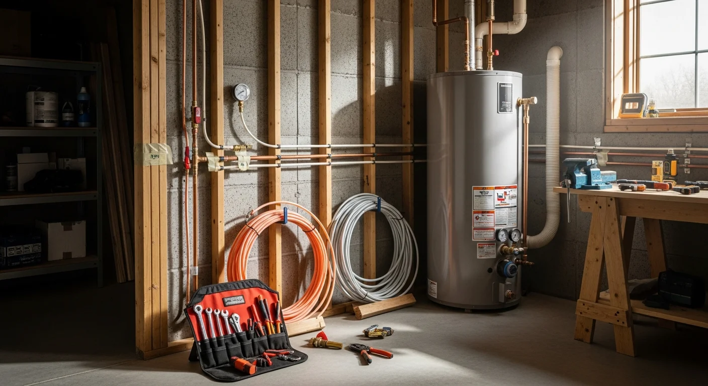 A licensed plumber from God's Work Shop installing new water supply lines and fixtures inside a Colorado residential home. Copper and PEX piping run through an open wall cavity during a full plumbing installation.