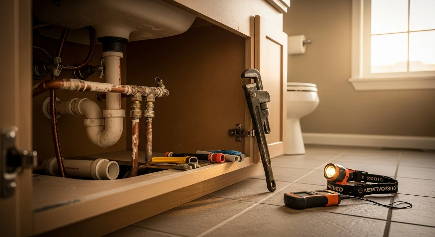 A licensed plumber repairing a corroded pipe inside a Colorado home's utility room, with tools laid out on a work mat beside the exposed supply line. The repair targets visible mineral buildup and joint damage common in older Colorado residential plumbing systems.