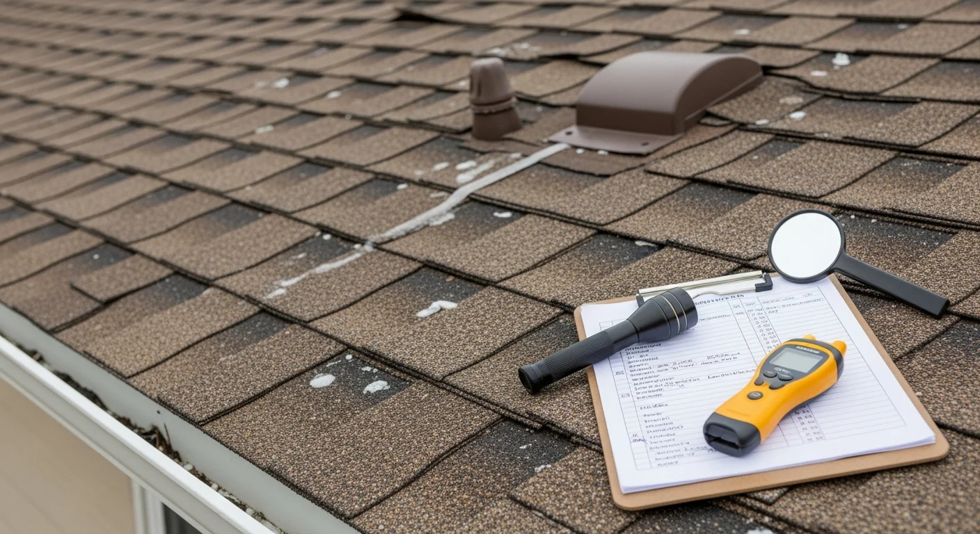A God's Work Shop roofing contractor inspecting shingles and flashing on a residential roof in Colorado, with visible signs of hail impact and granule loss on the surface. The inspector examines the valley and pipe boot areas commonly stressed by Colorado's freeze-thaw cycles and seasonal storms.
