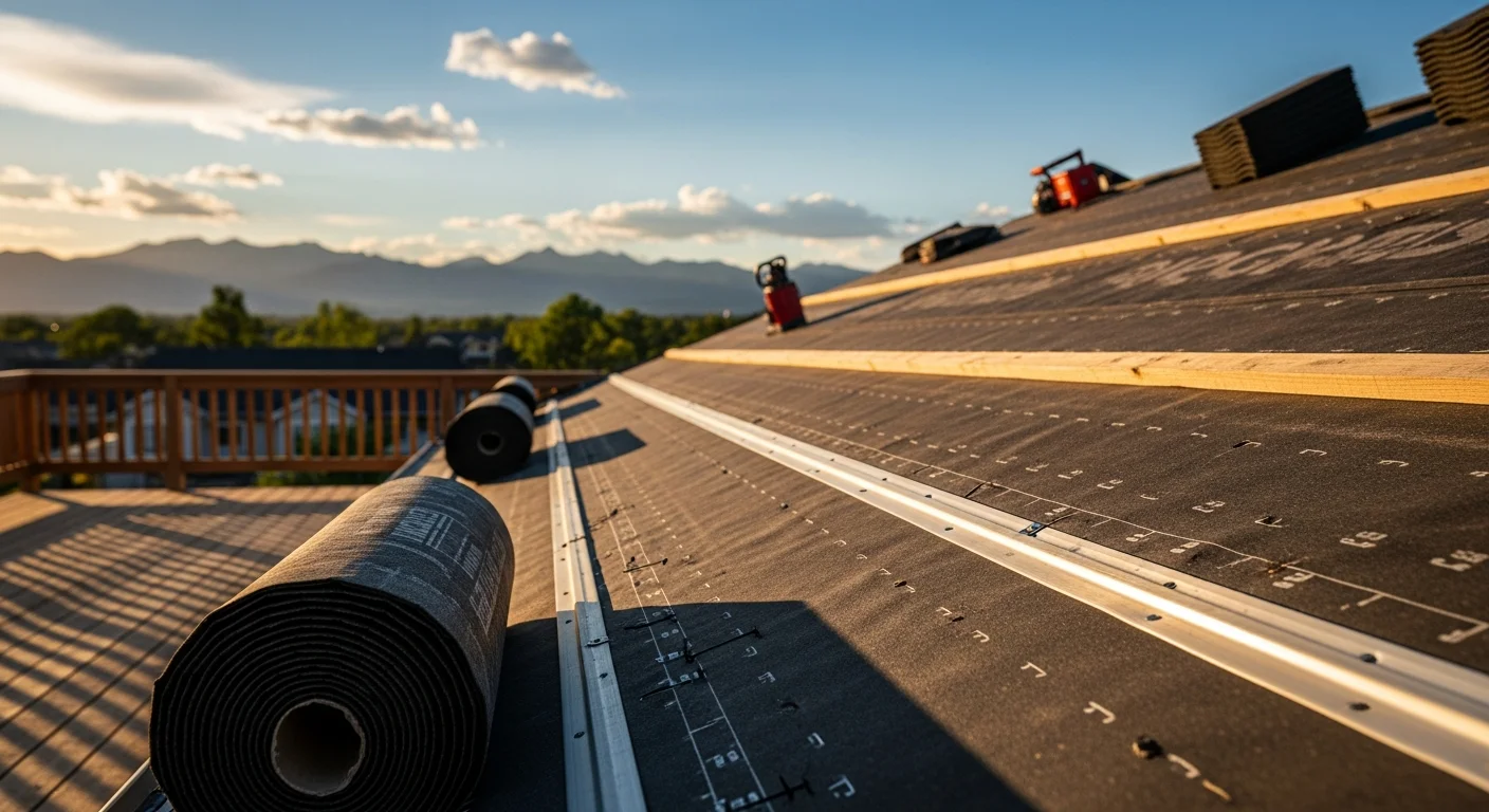 A completed residential roof installation on a Colorado home, showing clean shingle lines, properly sealed ridge venting, and finished flashing at the eaves. The surrounding landscape reflects Colorado's high-elevation terrain with mountain views in the background.