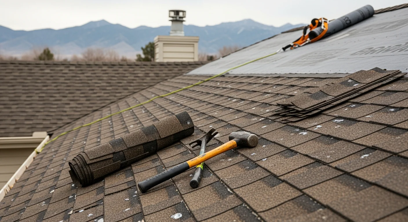 A roofing contractor from God's Work Shop inspecting and repairing hail-damaged shingles on a residential home in Colorado. Close-up view shows replaced shingles and sealed flashing on a steep-pitched roof against a clear Colorado sky.