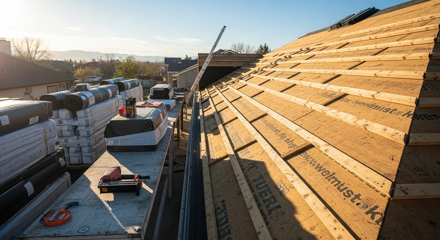 A completed residential roof replacement on a Colorado home, showing new roofing installed over a steep-pitch structure with mountain terrain visible in the background. Close view of finished ridge cap, flashing, and uniform shingle layout after full tear-off and reinstallation.