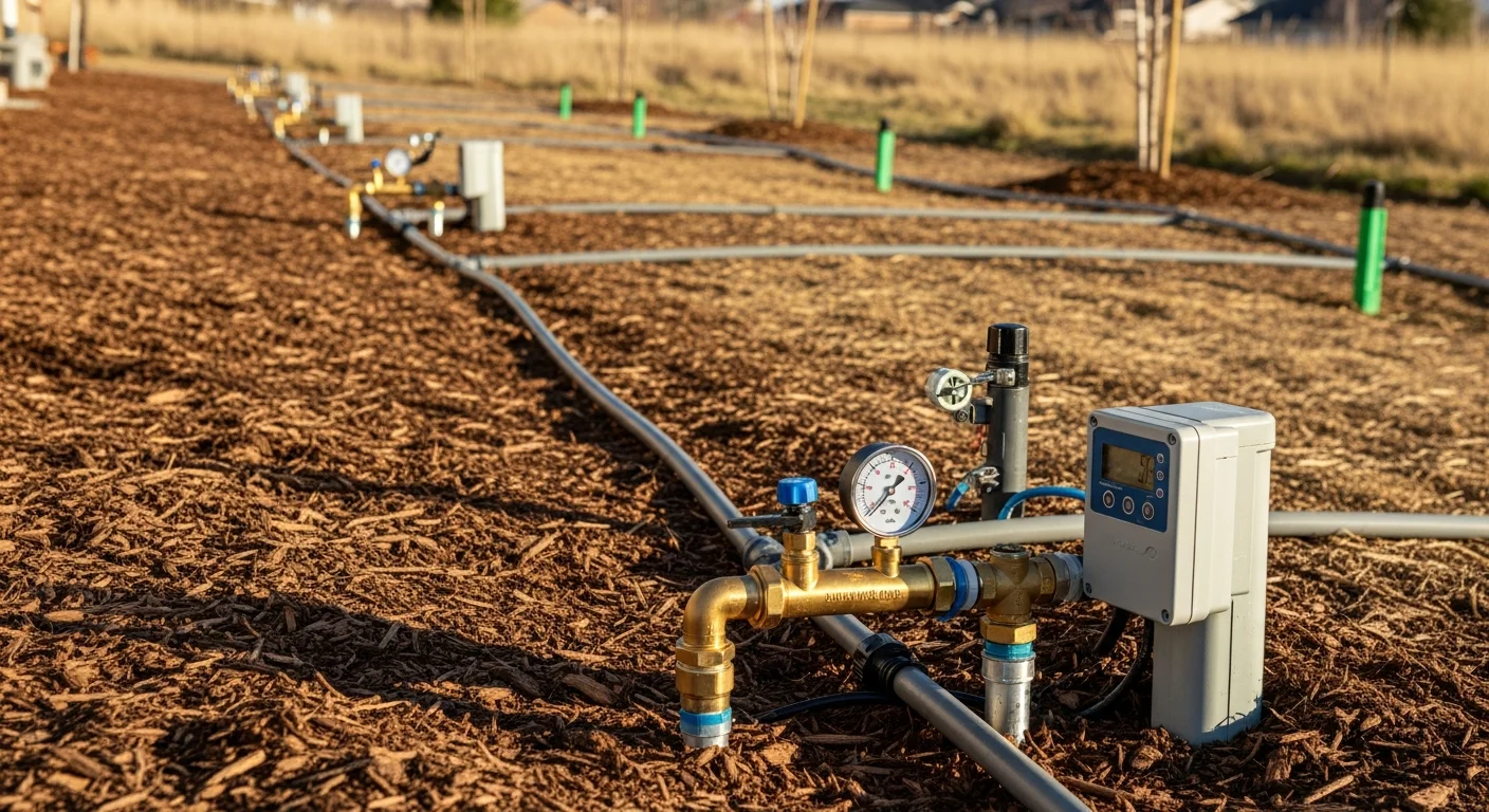 A freshly installed in-ground sprinkler system watering a green residential lawn in Colorado, with spray heads evenly spaced across a front yard on a clear summer day. A licensed plumber from God's Work Shop adjusts a zone controller mounted near the home's exterior wall.