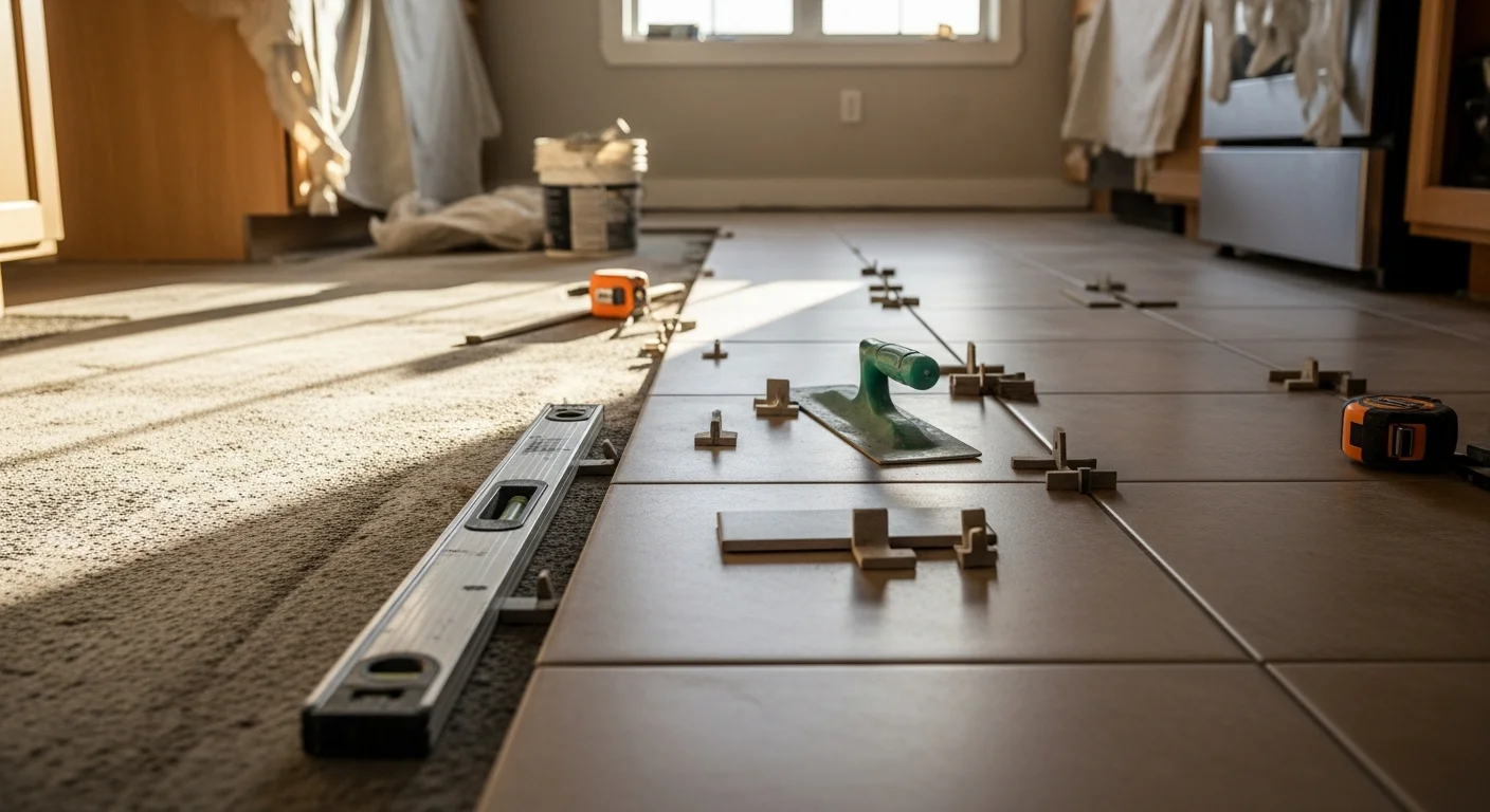 Freshly installed tile flooring in a Colorado home kitchen, showing clean grout lines and a level surface. The tile runs from the entryway into the main cooking area, with natural light reflecting off the sealed surface.