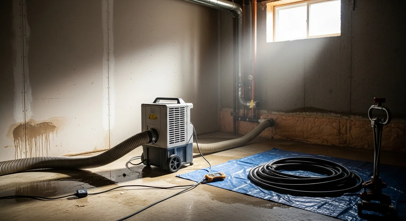 A Colorado home interior showing a restoration technician using extraction equipment on a water-damaged hardwood floor near an exterior wall. Wet drywall and a recently repaired burst pipe are visible in the background.